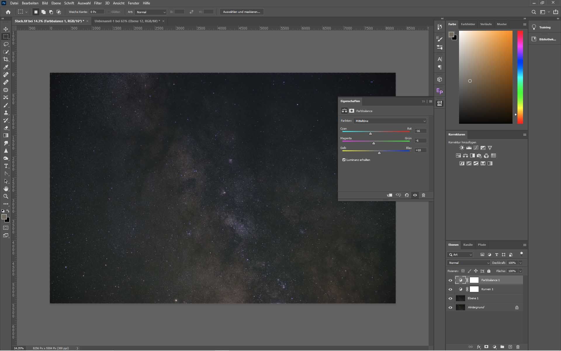 Bearbeitungsschritt in Photoshop um Bilder von Sternen zu bearbeiten.