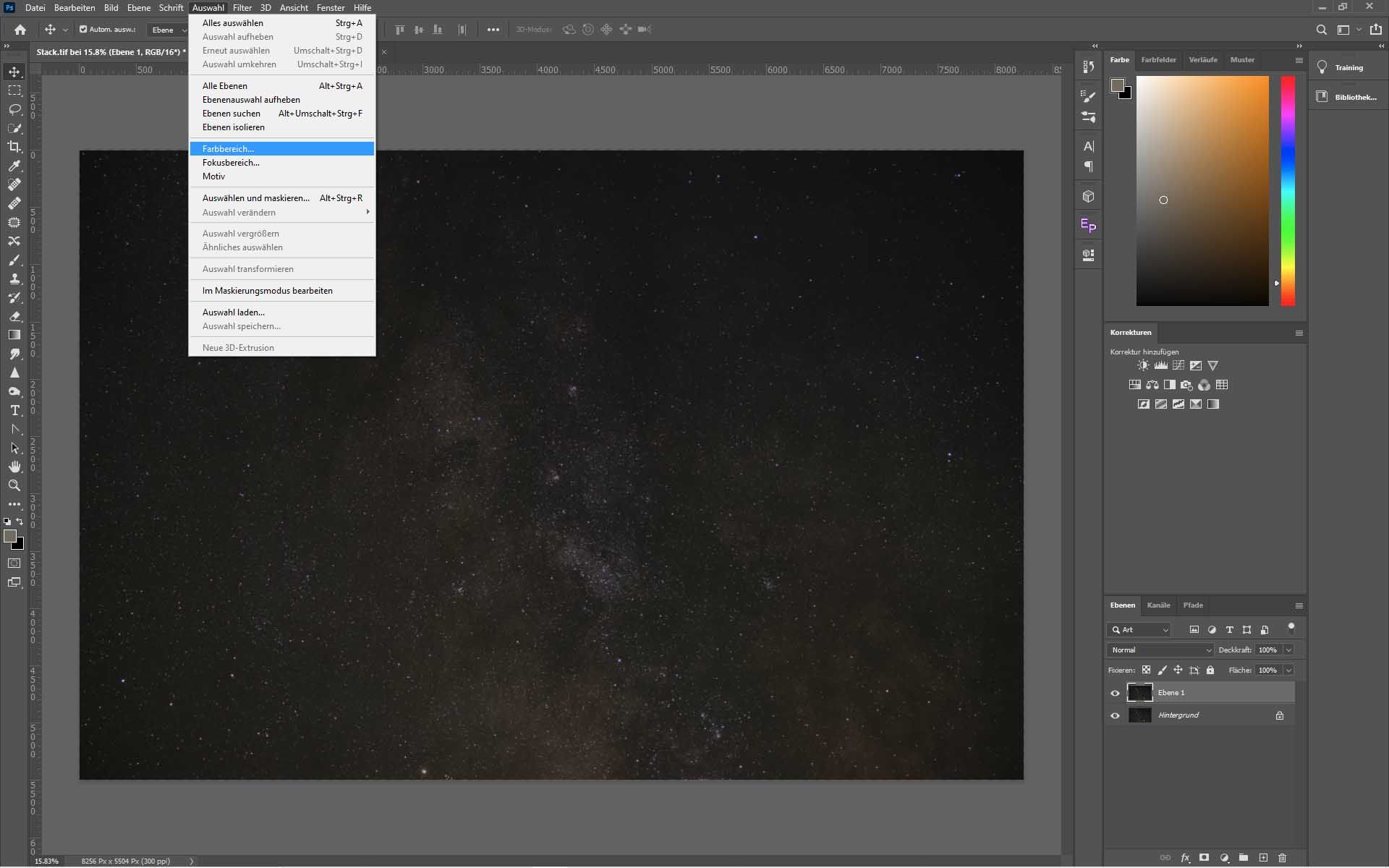 Bearbeitungsschritt in Photoshop um Bilder von Sternen zu bearbeiten.